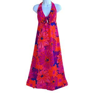 Vintage 60s Made in Hawaii Barkcloth Halter Maxi Dress Talon Zip Back Tie Bust